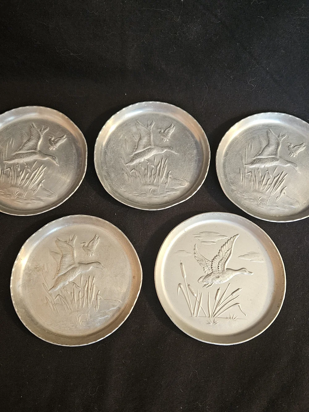 Vintage Aluminum Coasters Ducks Set of 5 - Mid Century Metal Retro Barware
